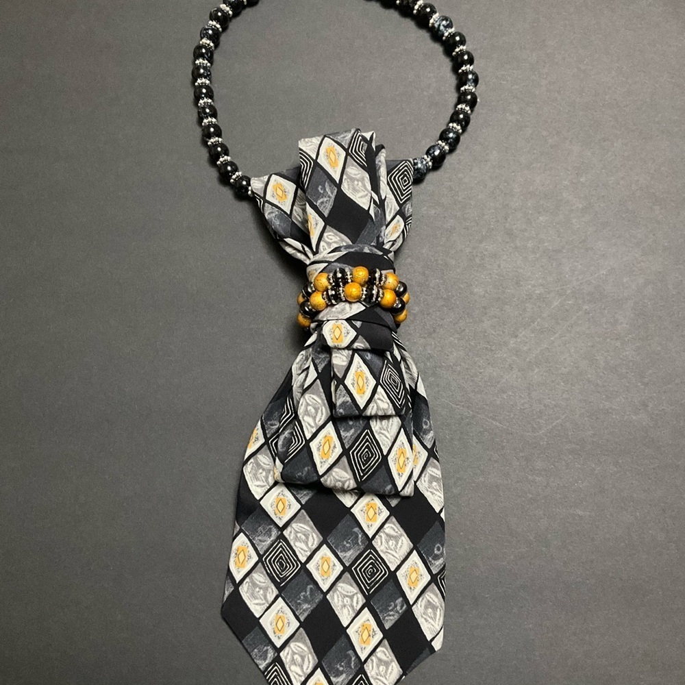 Handcrafted Necktie Necklace with Beaded Black and Gold Accent and Necklace - Picture 3 of 5
